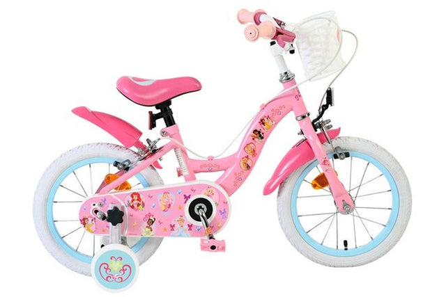 Rosa Kinderfahrrad mit Korb und bunten Aufklebern