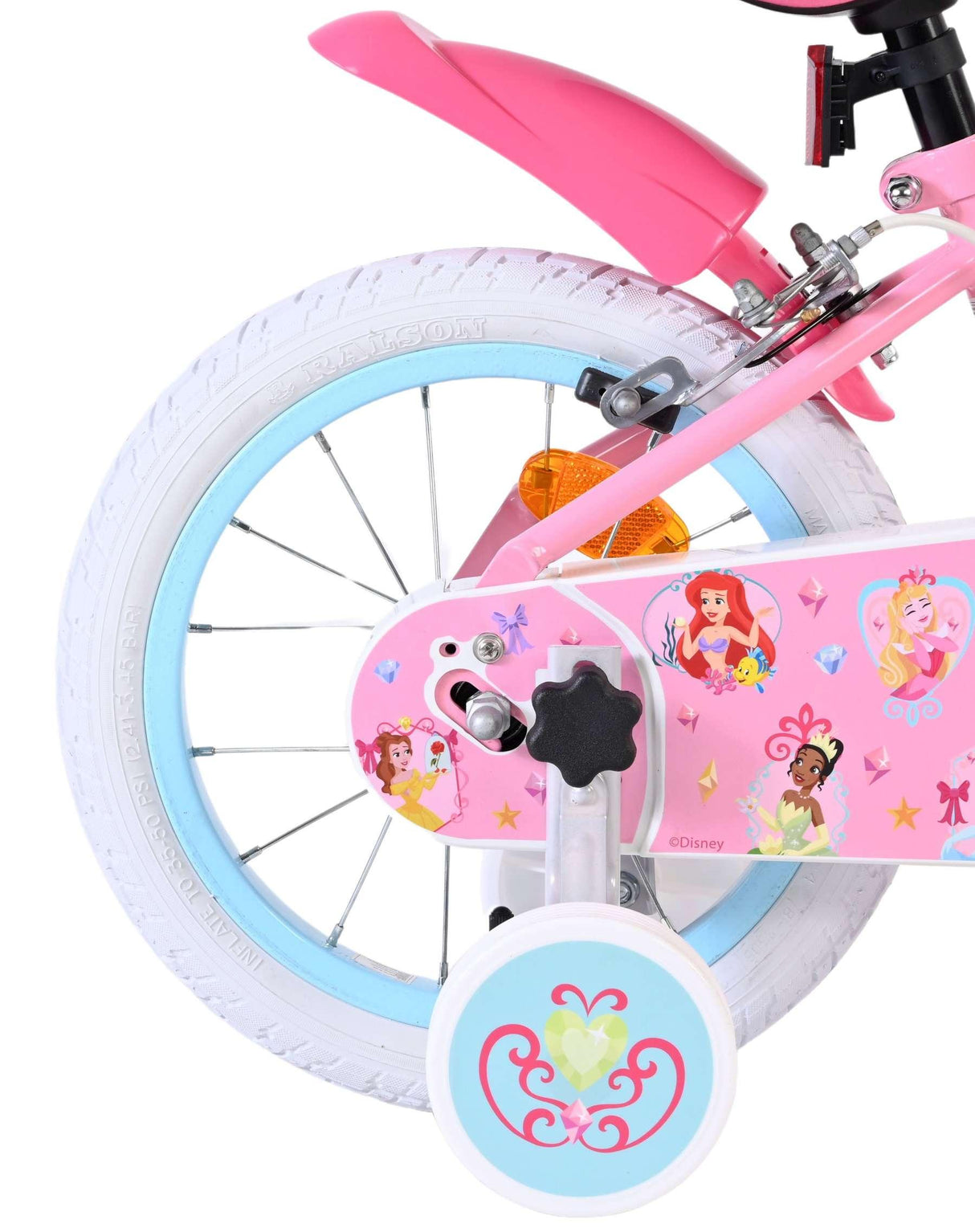 Rosa Kinderfahrrad mit bunten Aufklebern und weißen Reifen