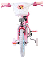 Rosa Kinderfahrrad mit Korb und Prinzessinnenmotiv vorne