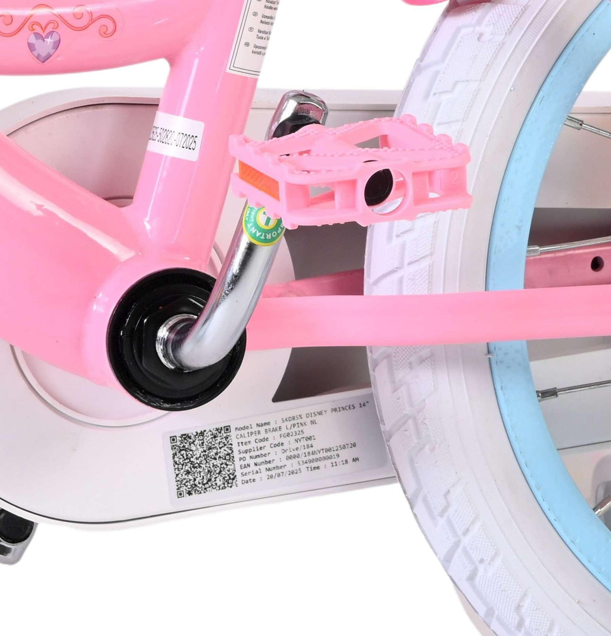 Rosa Kinderfahrrad mit pinken Pedalen und weißen Reifen