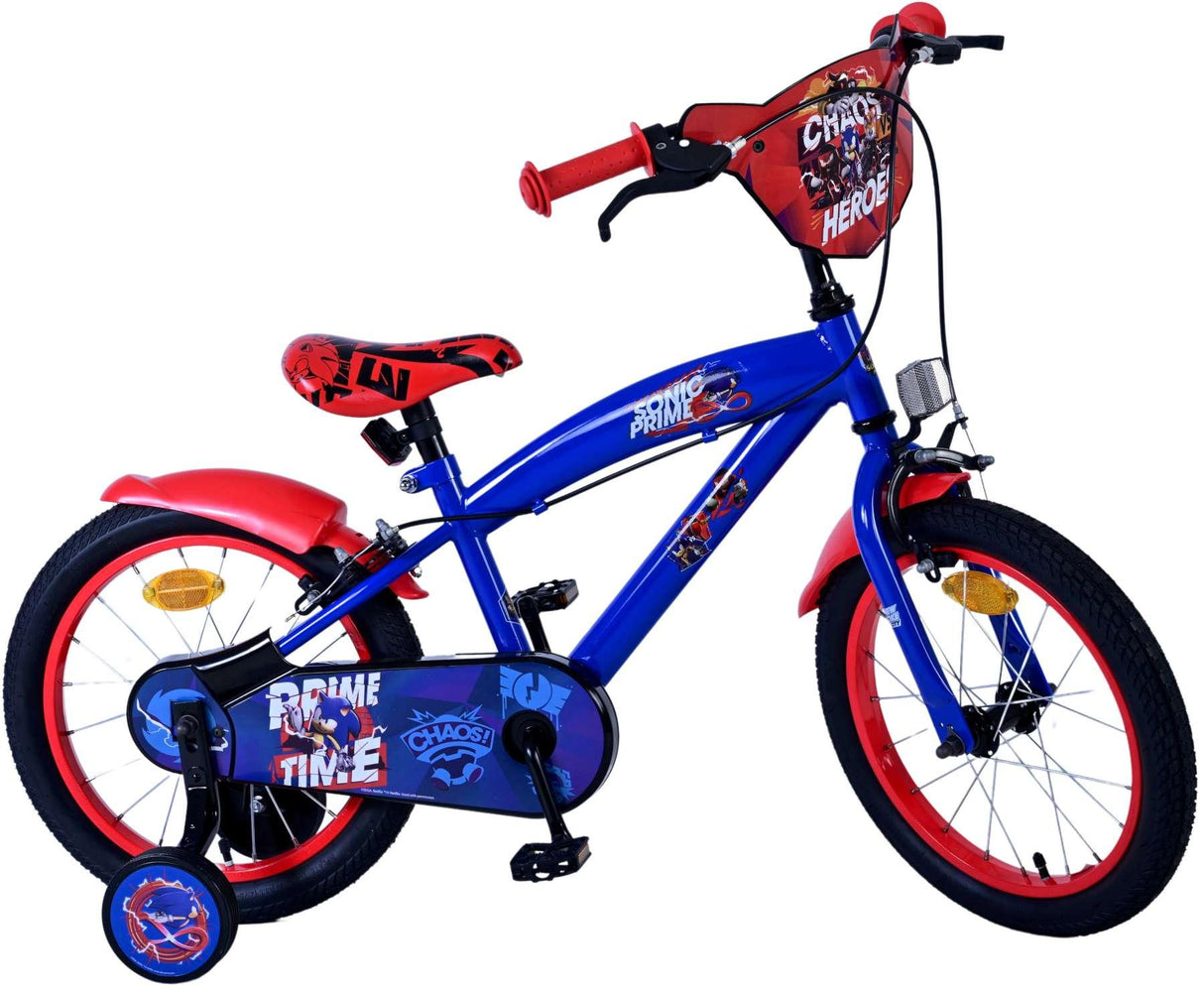 Blaues Kinderfahrrad mit roten Akzenten und Comic-Motiven