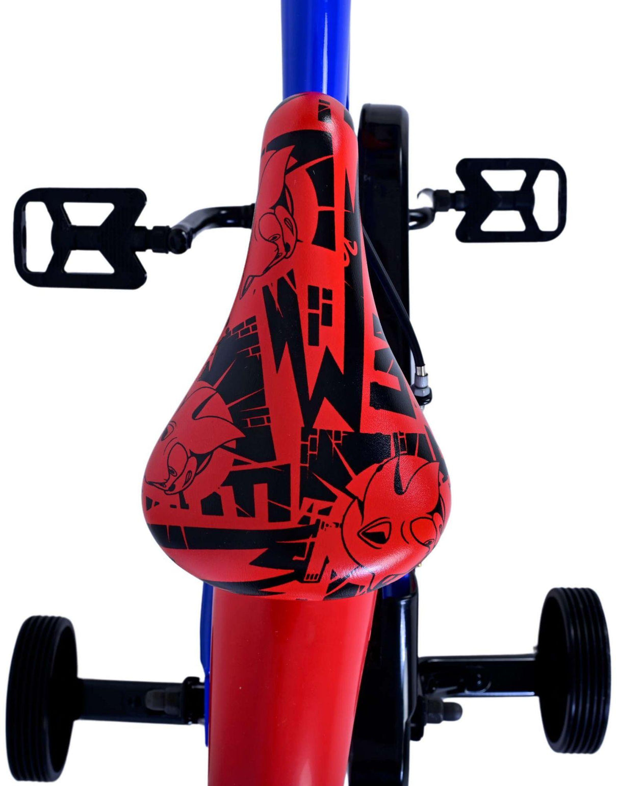 Rotes Kinderfahrradsattel mit grafischem Design und schwarzen Akzenten