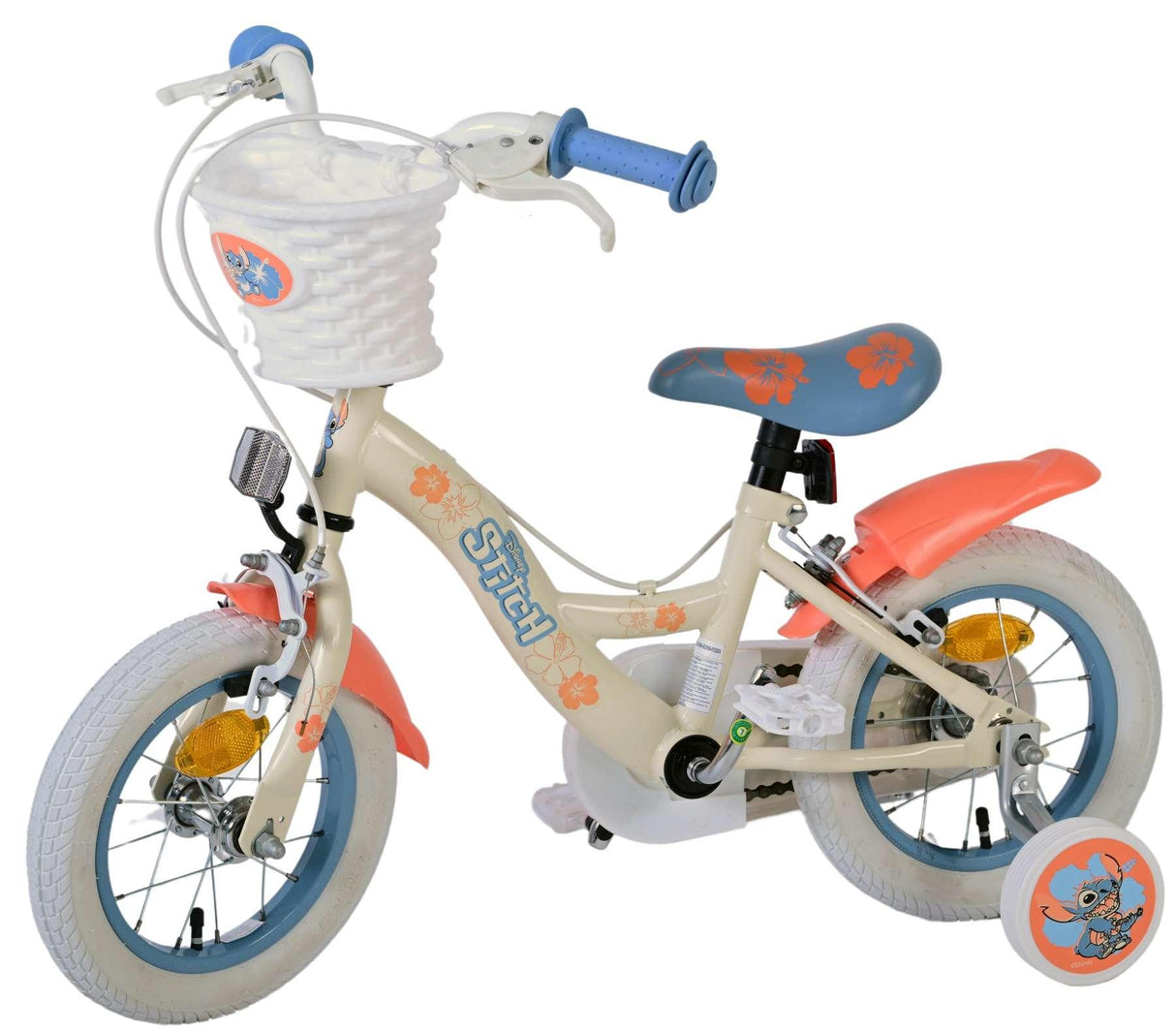 Kinderfahrrad in Creme mit bunten Blumen und Korb vorne