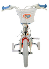 Kinderfahrrad mit weißem Korb und blauen Griffen, stabilen Stützrädern