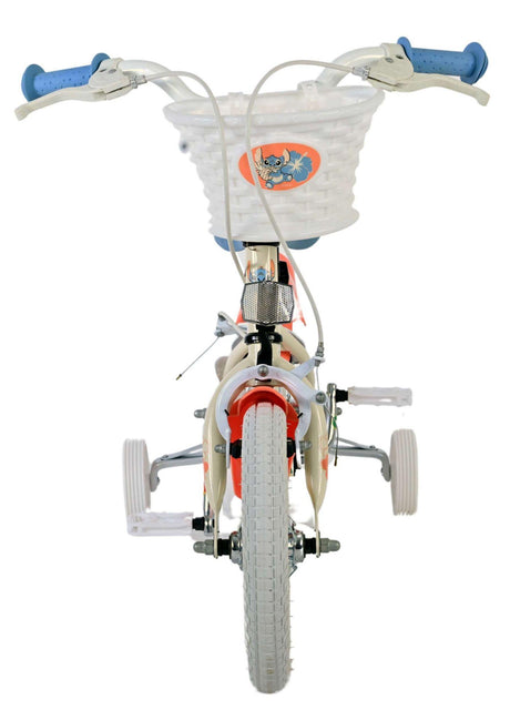 Kinderfahrrad mit weißem Korb und blauen Griffen, stabilen Stützrädern