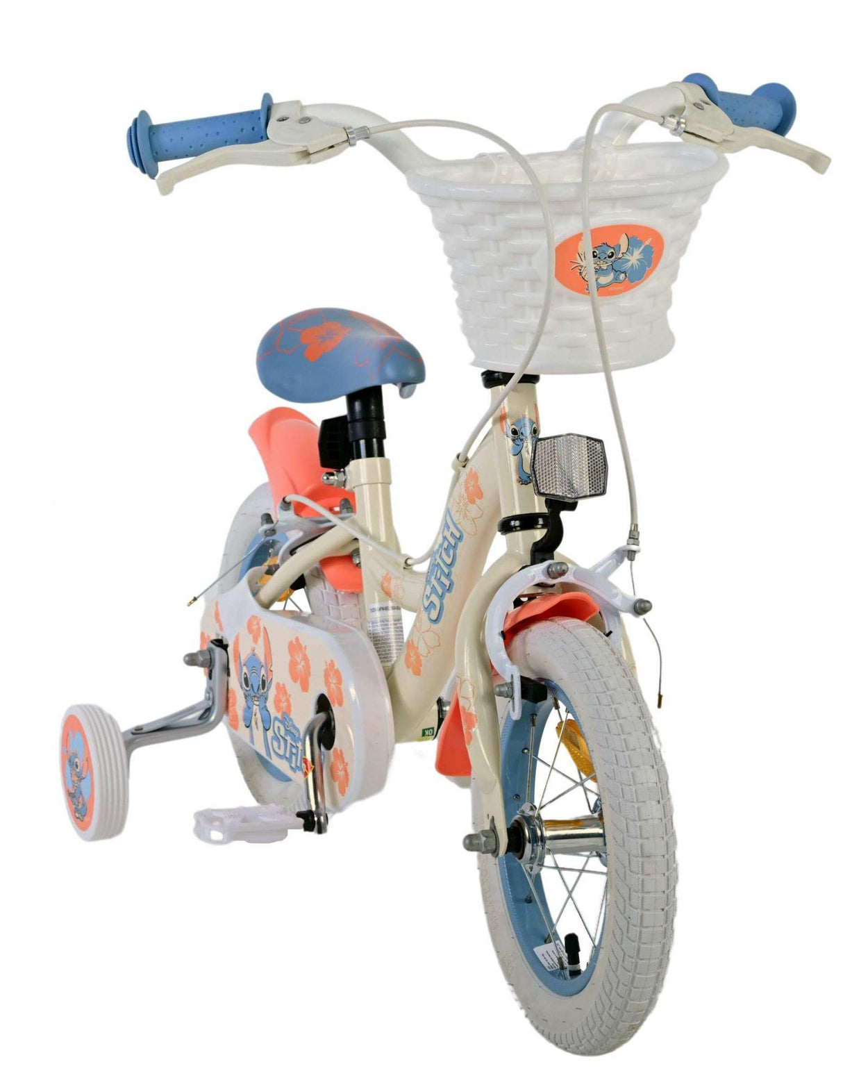 Kinderfahrrad mit blau-weißer Lackierung und Korb vorne