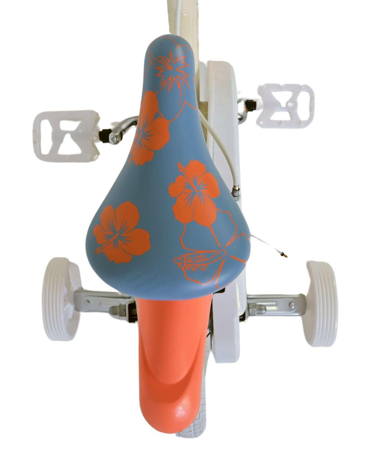 Kinderrad mit blauer Sitzpolsterung und orangefarbenem Schutzblech