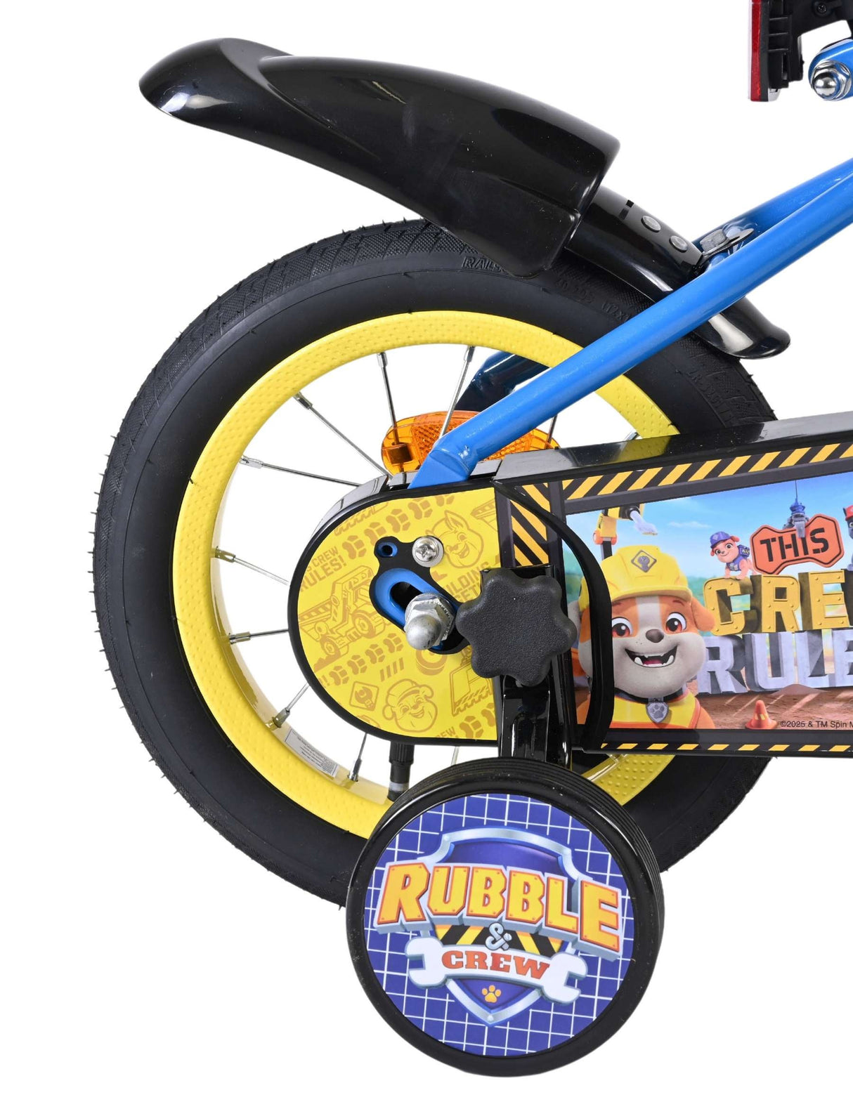 Fahrrad mit gelbem Reifen und buntem Design, hinten links sichtbar