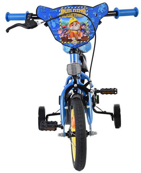 Blauer Kinderfahrrad mit Comic-Motiv und Stützrädern
