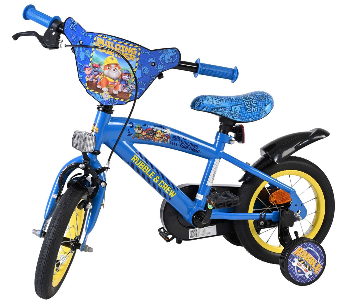 Blaues Kinderfahrrad mit Comic-Motiv und gelben Reifen