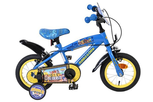 Blaues Kinderfahrrad mit gelben Reifen und Paw Patrol Motiven