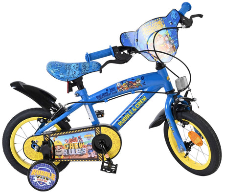 Blaues Kinderfahrrad mit gelben Reifen und Comic-Motiv