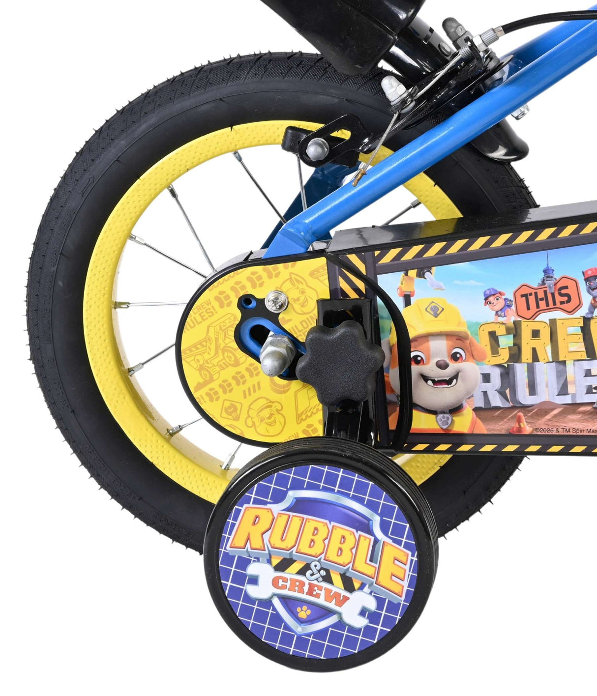 Kinderrad mit gelben Stützrädern und buntem Design von Bauarbeitern