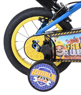 Kinderrad mit gelben Stützrädern und buntem Design von Bauarbeitern