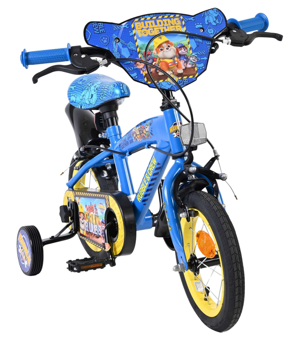 Blaues Kinderfahrrad mit Stützrädern und buntem Lenkerdesign
