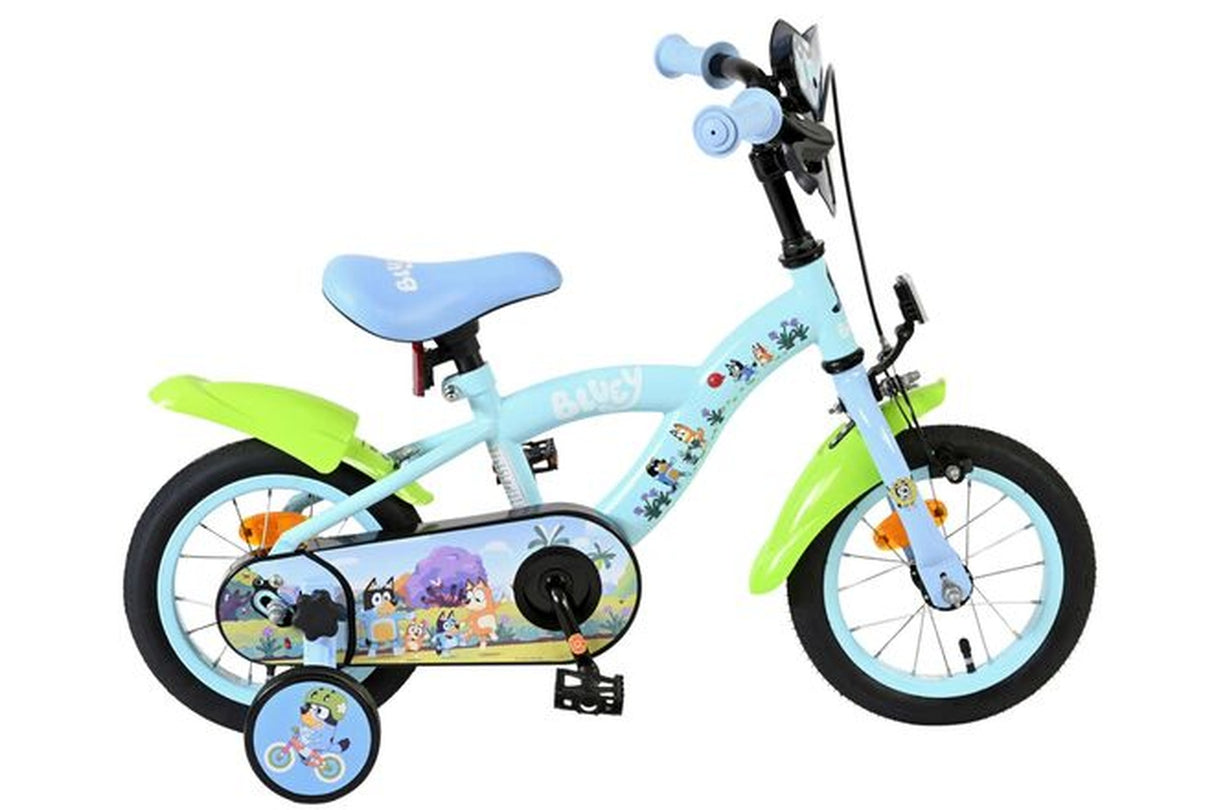 Kinderfahrrad in Blau und Grün mit bunten Tiermotiven und Stützrädern