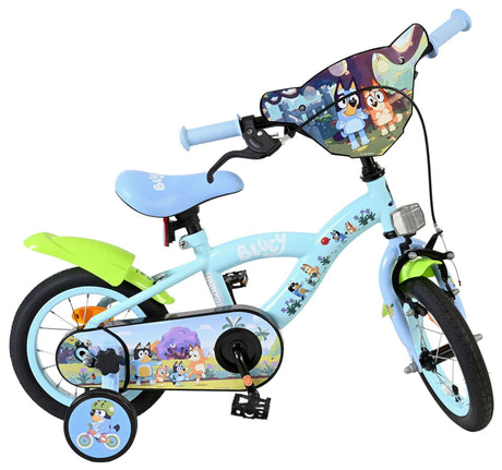Kinderfahrrad in Blau mit buntem Design und Stützrädern