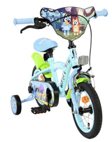 Kinderfahrrad in Blau mit buntem Design und Stützrädern