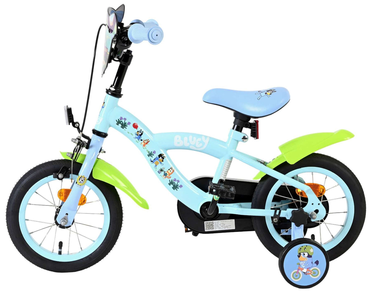 Kinderfahrrad in Blau mit grünen Akzenten und Stützrädern