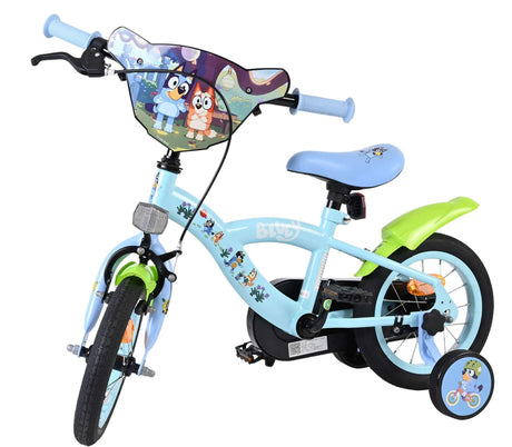 Kinderfahrrad in Blau mit bunten Aufklebern und Stützrädern