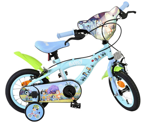 Kinderfahrrad in Blau mit buntem Design und Schutzblechen