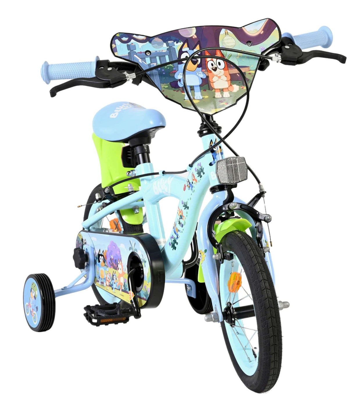 Kinderfahrrad in Blau und Grün mit Comic-Motiv und Stützrädern