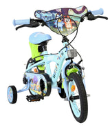 Kinderfahrrad in Blau und Grün mit Comic-Motiv und Stützrädern