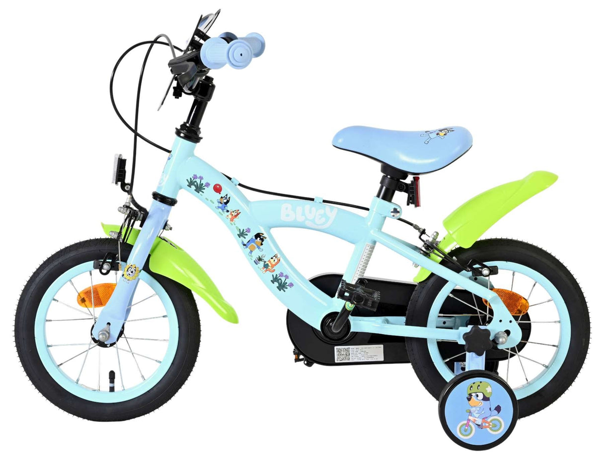 Kinderfahrrad in Blau mit bunten Aufklebern und Stützrädern