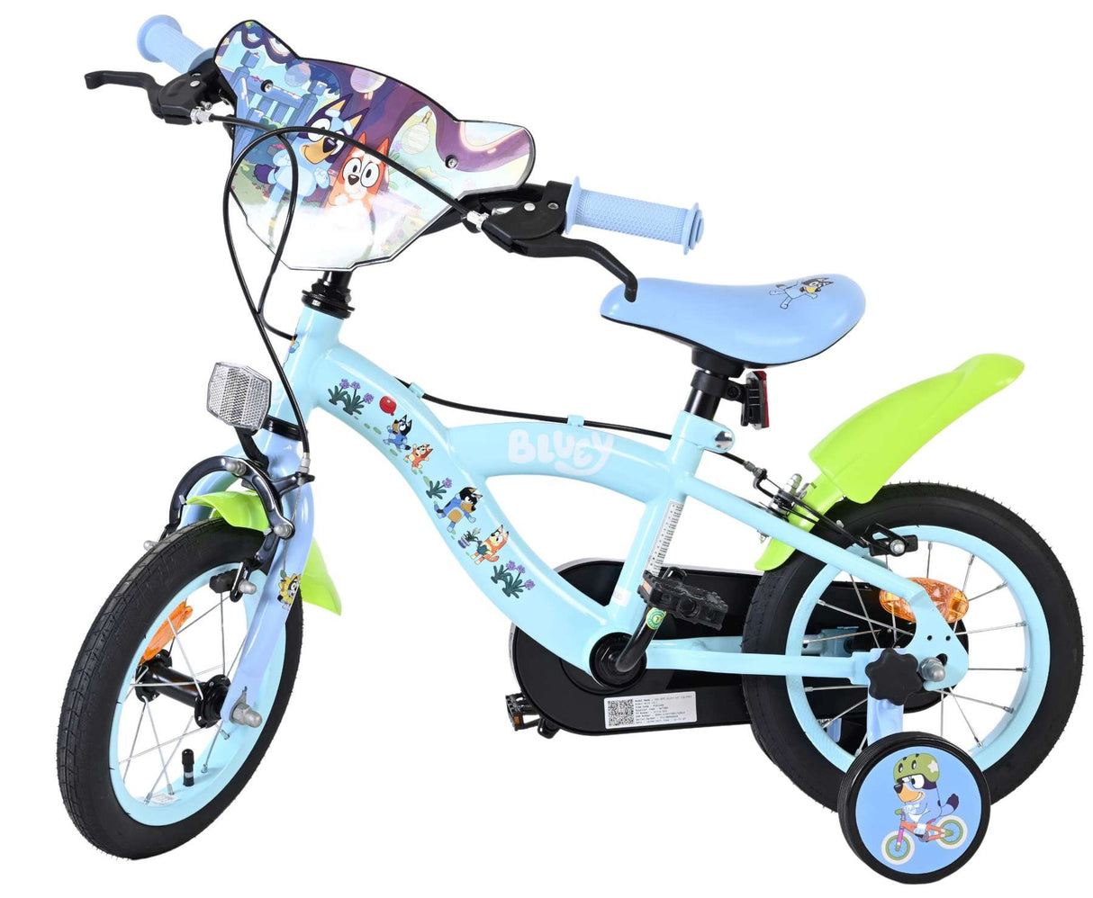 Kinderfahrrad in Blau mit buntem Design und Stützrädern