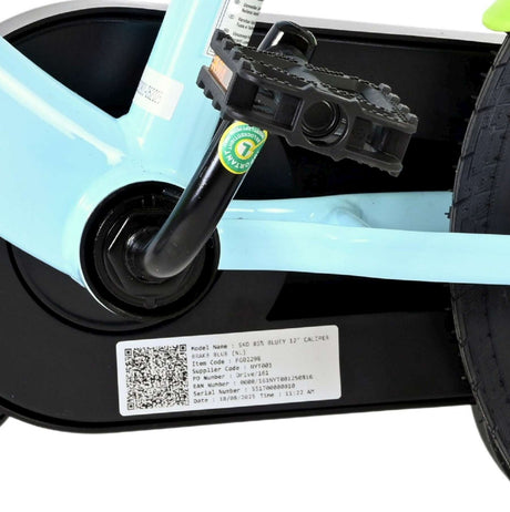 Fahrrad mit blauem Rahmen und schwarzem Pedal, Typenschild sichtbar