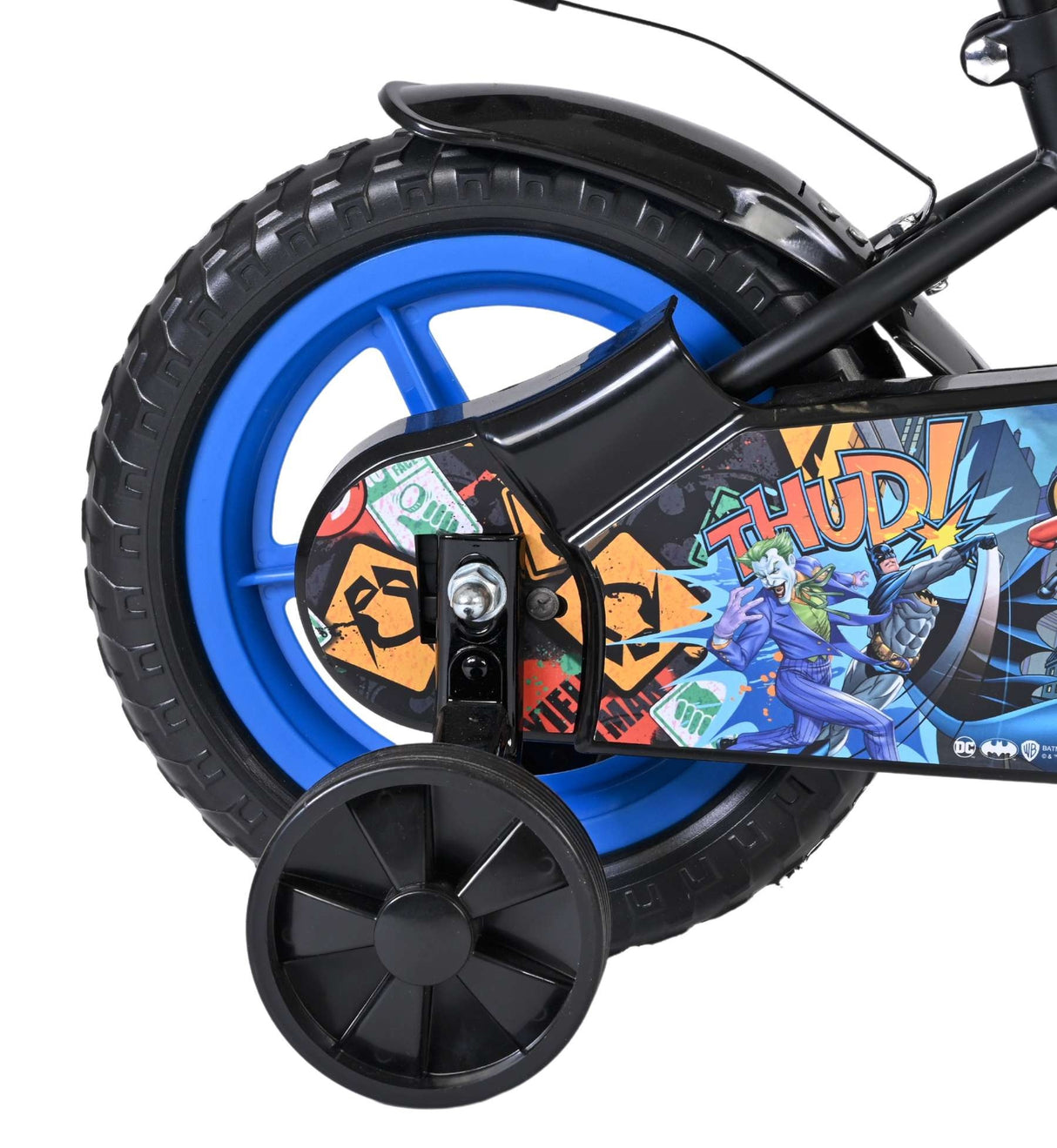 Buntes Kinderfahrrad mit Comic-Motiv und blauen Rädern