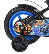 Buntes Kinderfahrrad mit Comic-Motiv und blauen Rädern