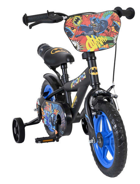Kinderfahrrad mit Batman-Motiv, schwarzen Rahmen und blauen Rädern