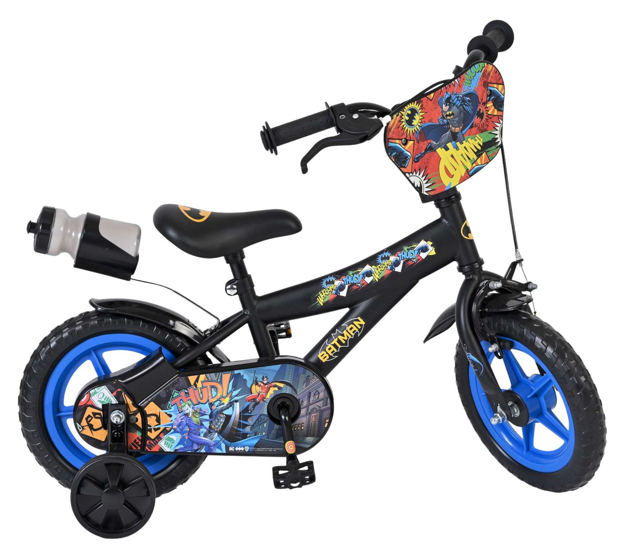 Schwarzes Kinderfahrrad mit Batman-Motiv und blauen Reifen