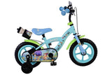 Kinderfahrrad in Blau und Grün mit bunten Aufklebern und Trinkflasche
