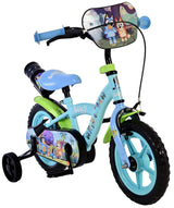 Kinderfahrrad in Blau und Grün mit Charaktermotiven und Stützrädern