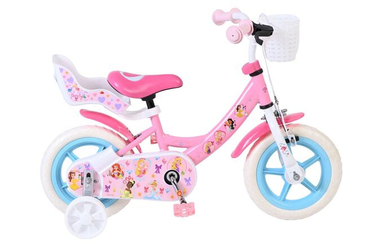 Rosa Kinderfahrrad mit weißen Reifen und Korb, dekoriert mit bunten Motiven
