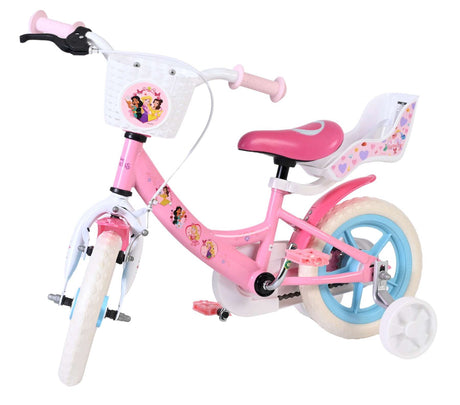 Rosa Kinderfahrrad mit Korb, Stützrädern und bunten Aufklebern
