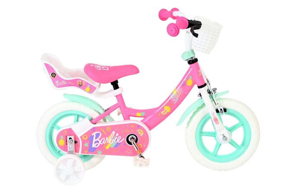 Rosa Kinderfahrrad mit Korb und weißen Reifen, dekoriert mit bunten Motiven
