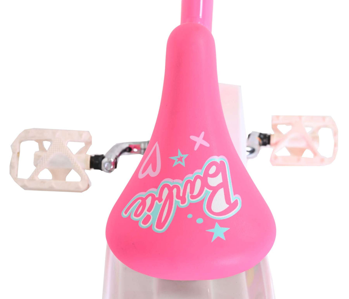 Rosa Kinderrad-Sattel mit Barbie-Design und weißen Pedalen