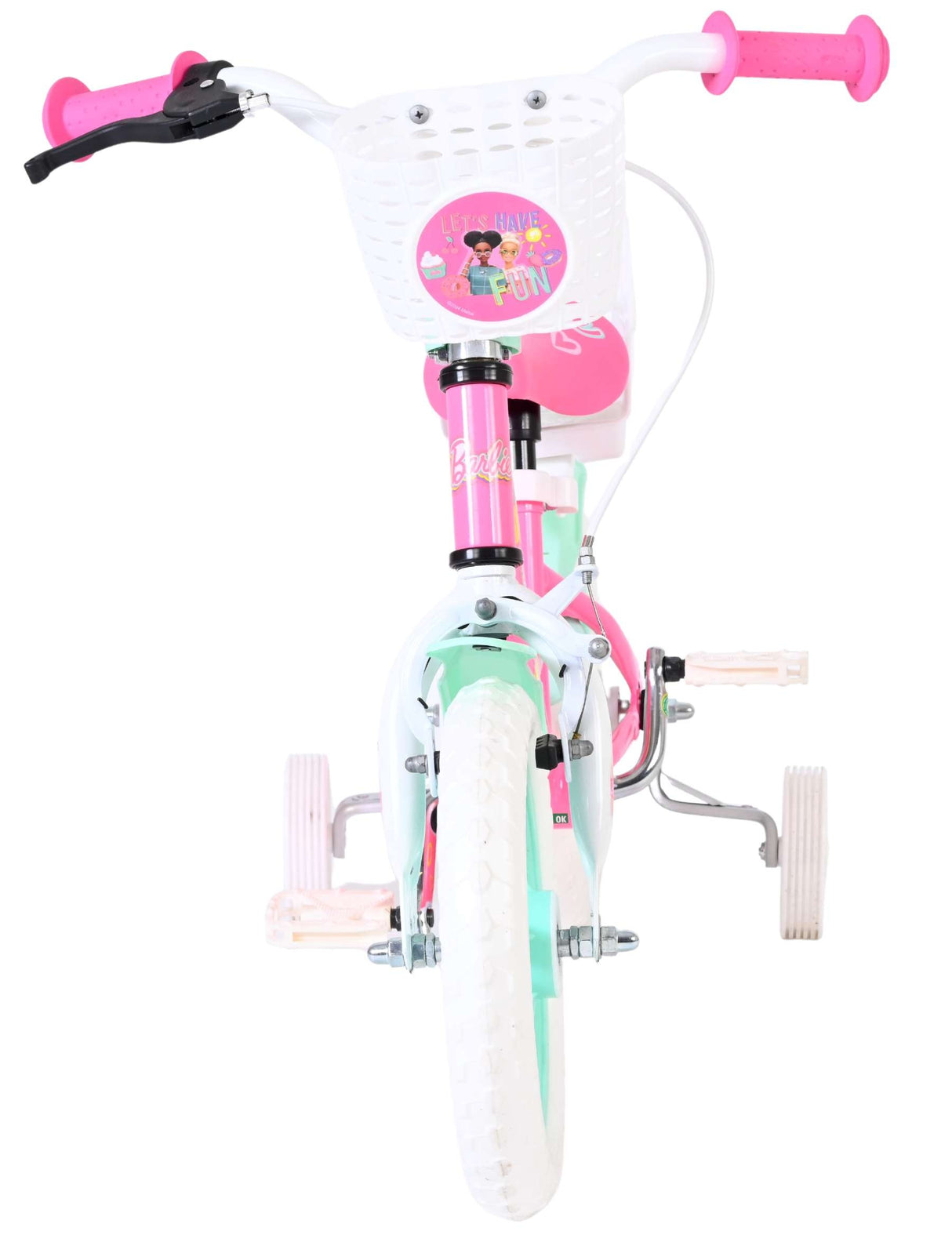 Kinderfahrrad in Weiß und Pink mit Korb und Stützrädern