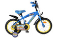 Blaues Kinderfahrrad mit gelben Reifen und Comic-Motiv auf dem Sattel