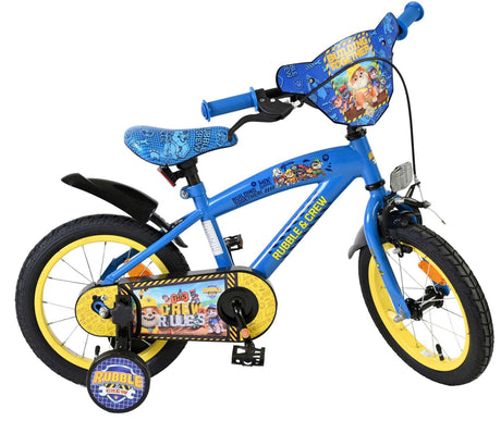 Blaues Kinderfahrrad mit gelben Reifen und Paw Patrol Design