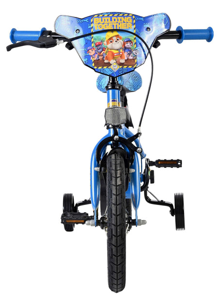 Blaues Kinderfahrrad mit niedlichem Motiv und Stützrädern