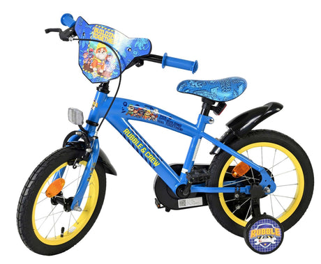Blaues Kinderfahrrad mit gelben Reifen und Comic-Motiv