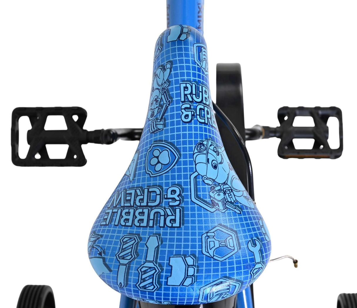 Blauer Fahrradsattel mit buntem Paw Patrol-Motiv und kindgerechtem Design