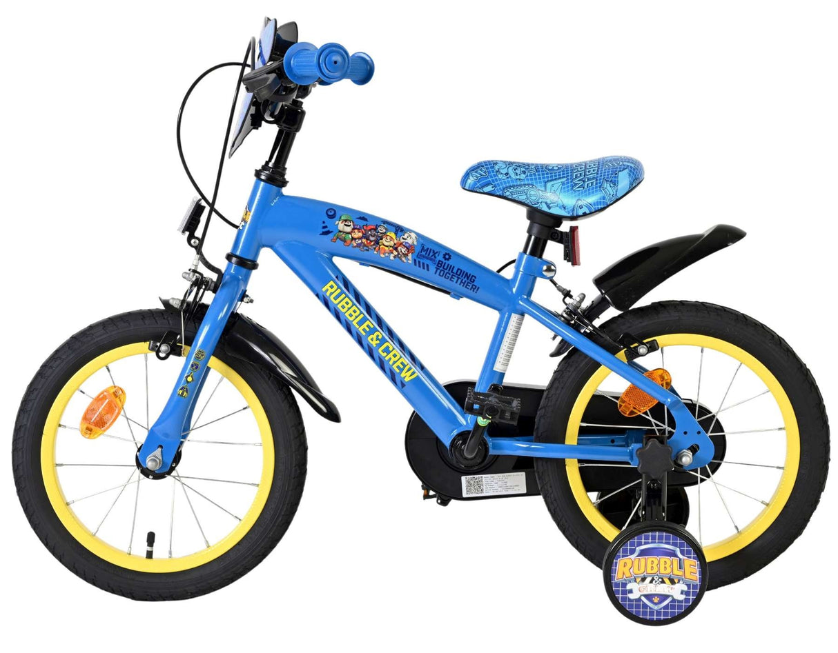 Blaues Kinderfahrrad mit gelben Reifen und Comic-Motiv