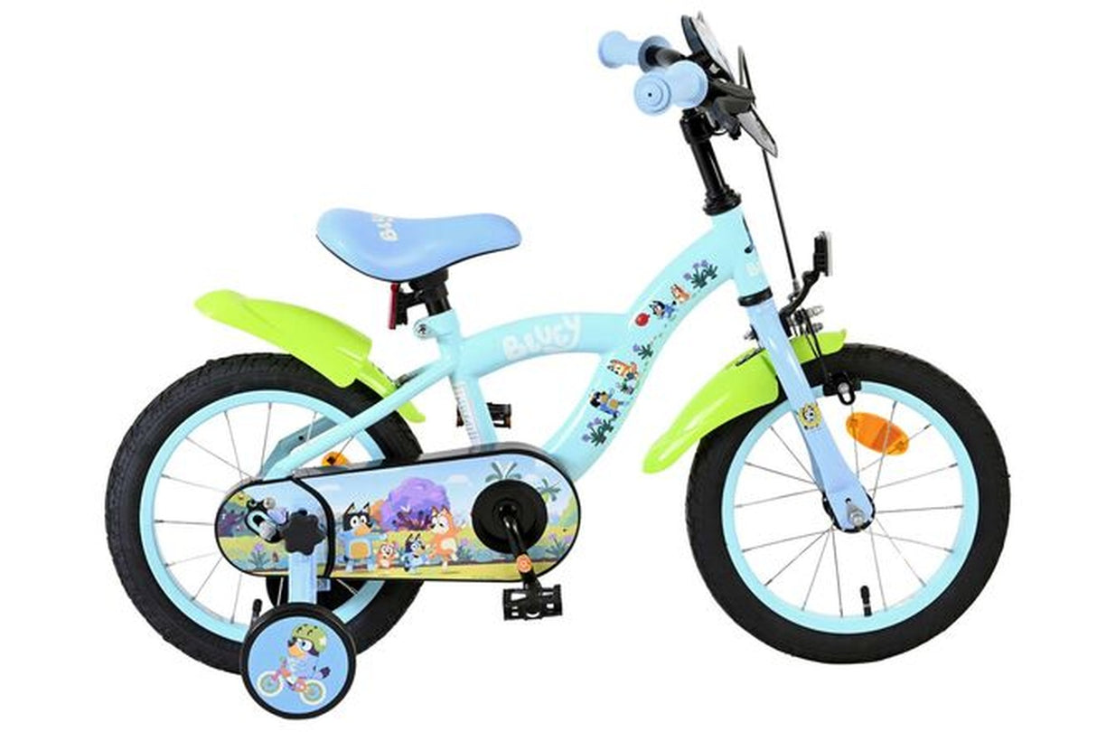 Kinderfahrrad in Blau und Grün mit buntem Design und Stützrädern