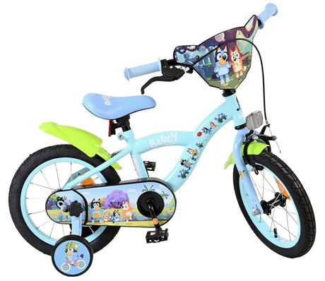 Kinderfahrrad in Blau mit buntem Design und Stützrädern
