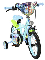 Kinderfahrrad in Blau mit buntem Design und Stützrädern